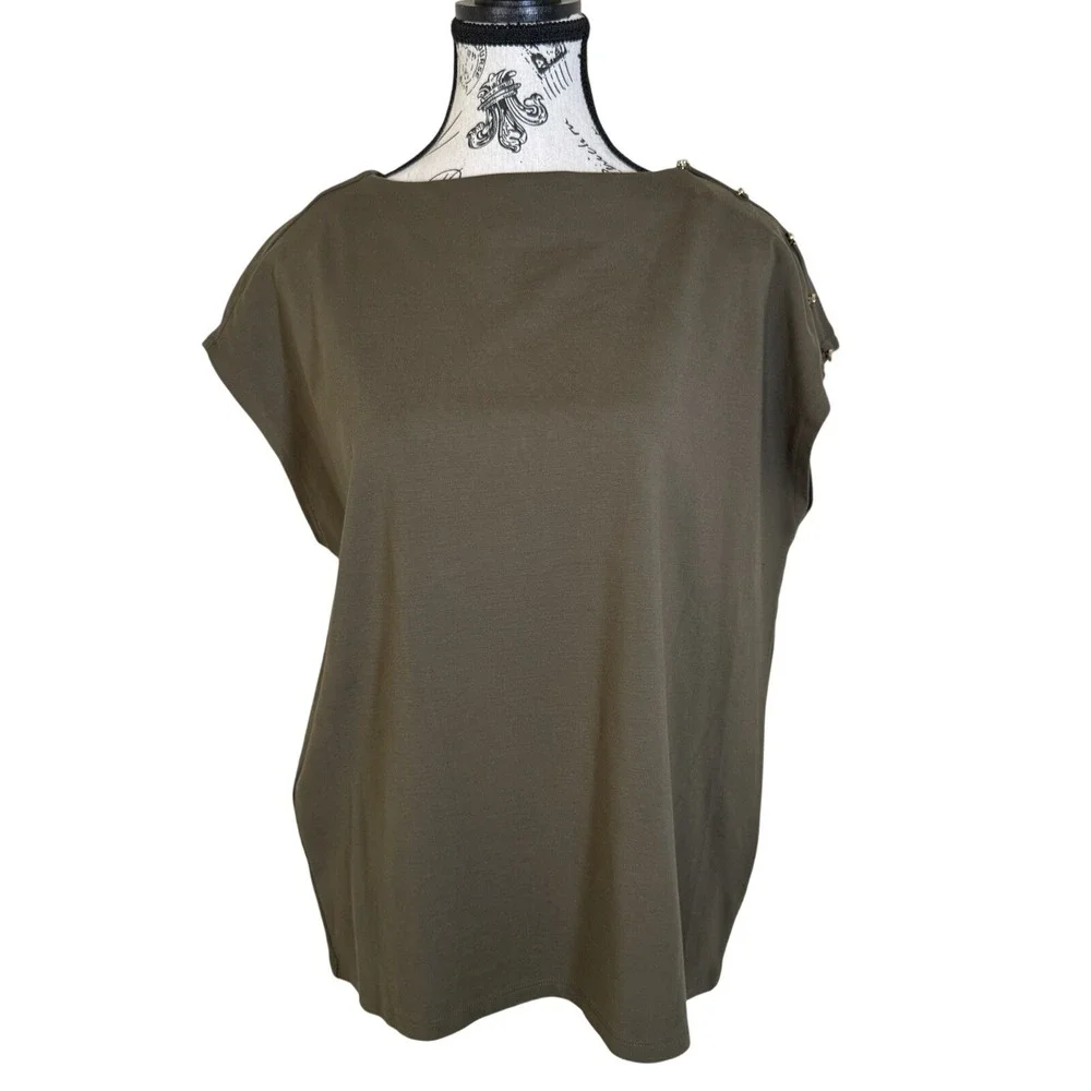 Ann Taylor Olive Green Blouse Women Size L Cap Sleeve Button Shoulder Work Top
